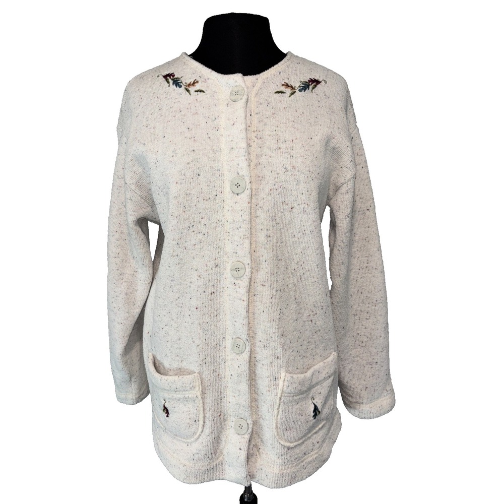 Embroidered Vintage Cardigan Granny Cottage Button Up Size L Pockets Visible Ink